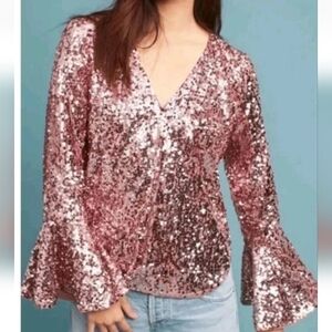 ANTHROPOLOGIE Sequin Bell Sleeve Bush Top Mint